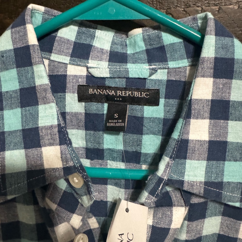 Banana Republic Plaid Button Down Short Sleeve Shirt Teal Blue green - Picture 4 of 7